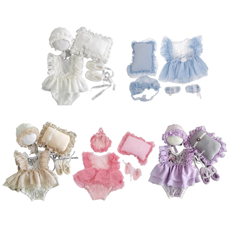 

N80C 5Pcs/Set Baby Hat+Pillow+Romper Jumpsuit+Shoes+Headwear Newborn Photography Prop