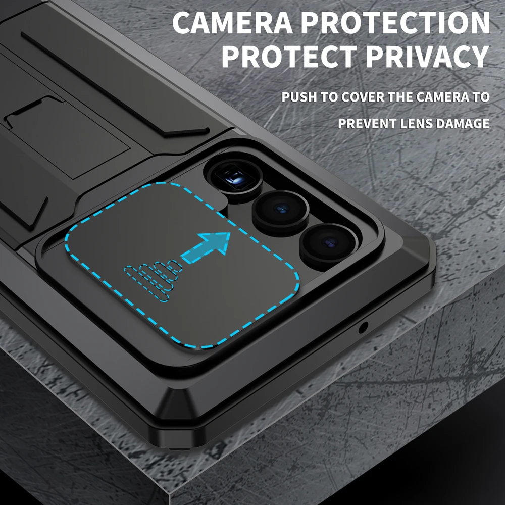 Heavy Duty Shockproof Metal Aluminum Case with Built-in Kickstand and Glass Cover