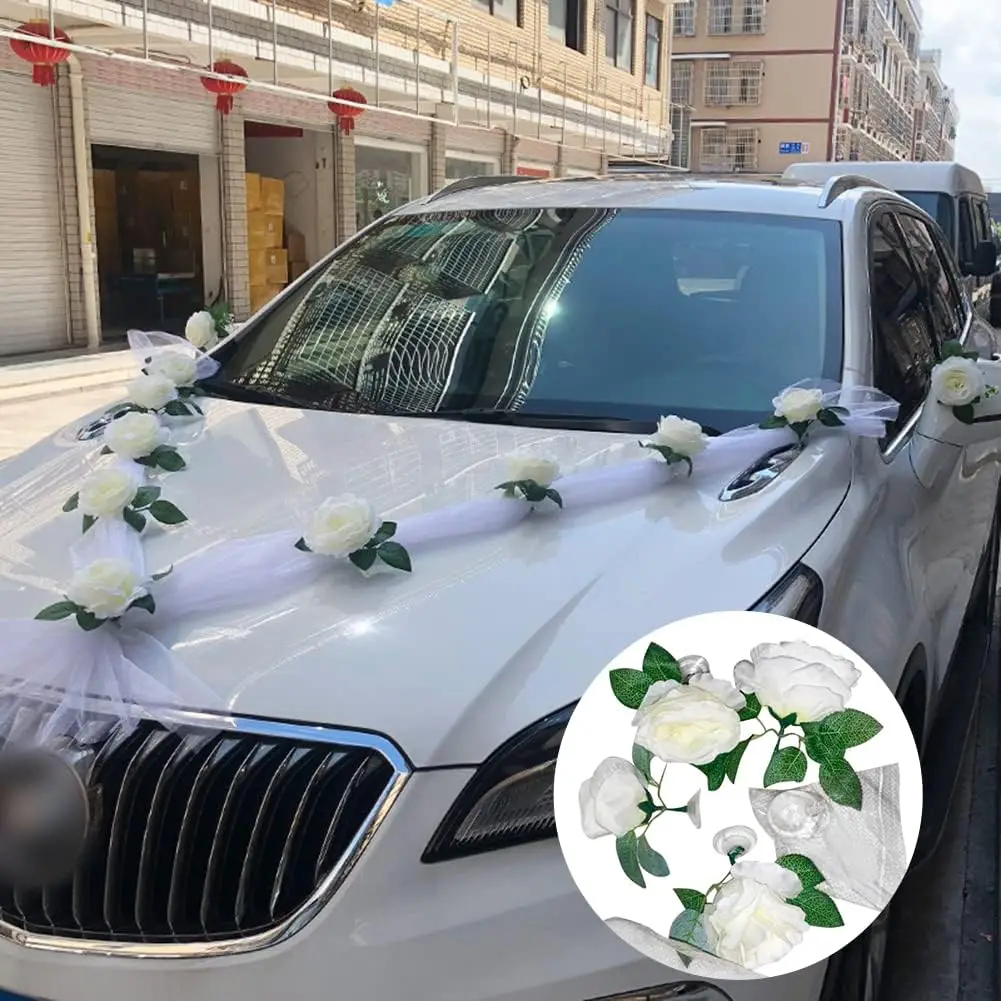 Artificial Flower White Rose Artificial Flower for Wedding Car Decoration Bridal Car Decorations Door Handle Ribbons Silk Flower