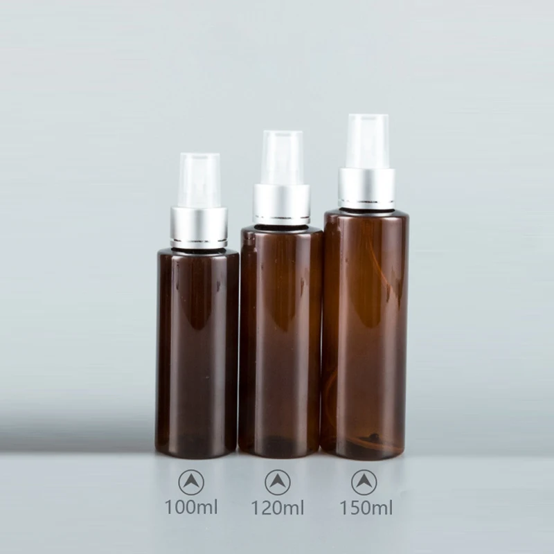 

30pcs 100ml 120ml 150ml Empty Silver Sprayer Brown Bottles PET Cosmetic Containers Plastic Perfume Spray Cosmetic packaging