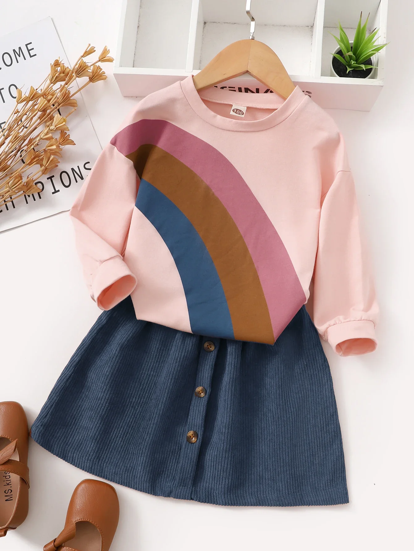 Girl's Rainbow Top and Corduroy Skirt Set 1