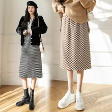 

Chessboard Plaid Long Skirt Women 2022 Autumn and Winter New Mid-length High Waist Back Split Sexy Hipline Skirt SXHBSQ710