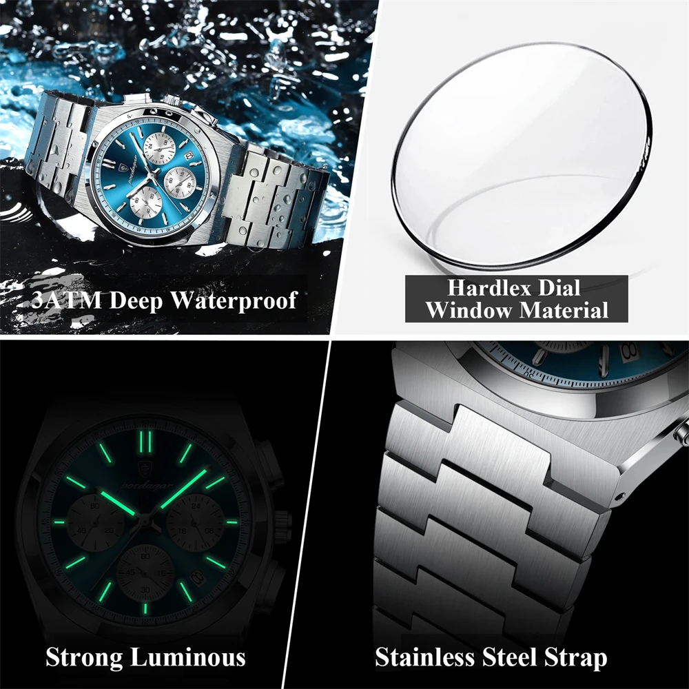 POEDAGAR Luxury Man Quartz Watch Sport Military Watch For Men Waterproof Luminous Date Chronograph Stainless Steel Men's Watches 6
