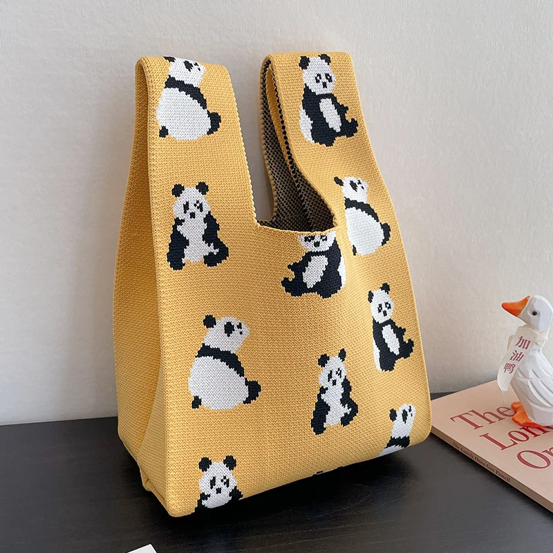 Fashion Handmade Knit Handbags Women Cute Panda Handbag Striped Casual Tote Bag Korean Design Mini Knot Reusable Shopping Bags