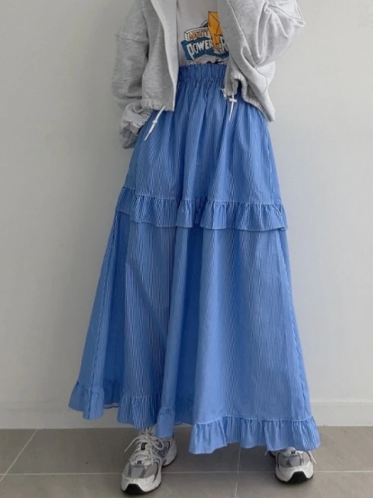 Qiukichonson Long Skirt Womens Striped Skirt 2023 Korean Style Vintage Summer High Waisted High Low Ruched Ruffle Skirts rok