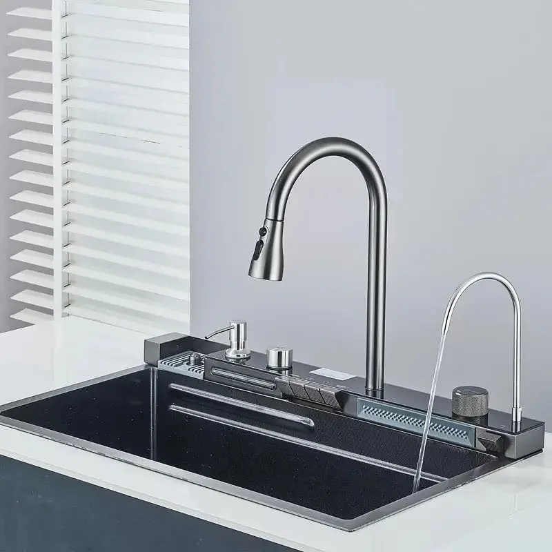 Kitchen Sink With Faucet Digital Display Single Bowl 5 Function Dishwasher Sink Shower Kitchen With Drop Down Faucet