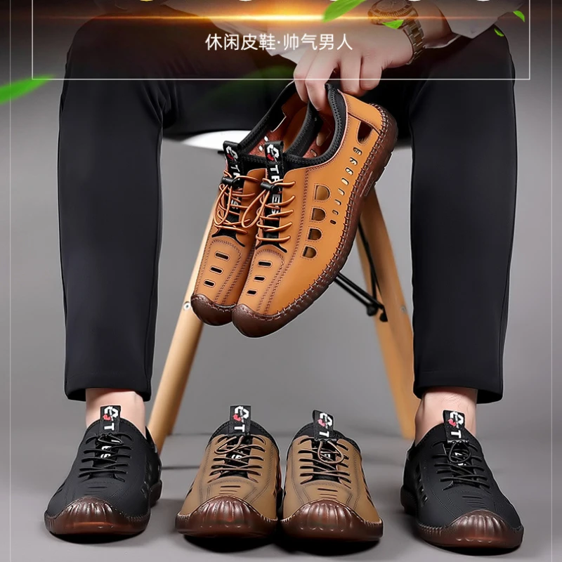 Men Soft Leather Summer Sandals Breathable Non-slip Cow Tendon Sole Casual Outdoor Beach Shoes