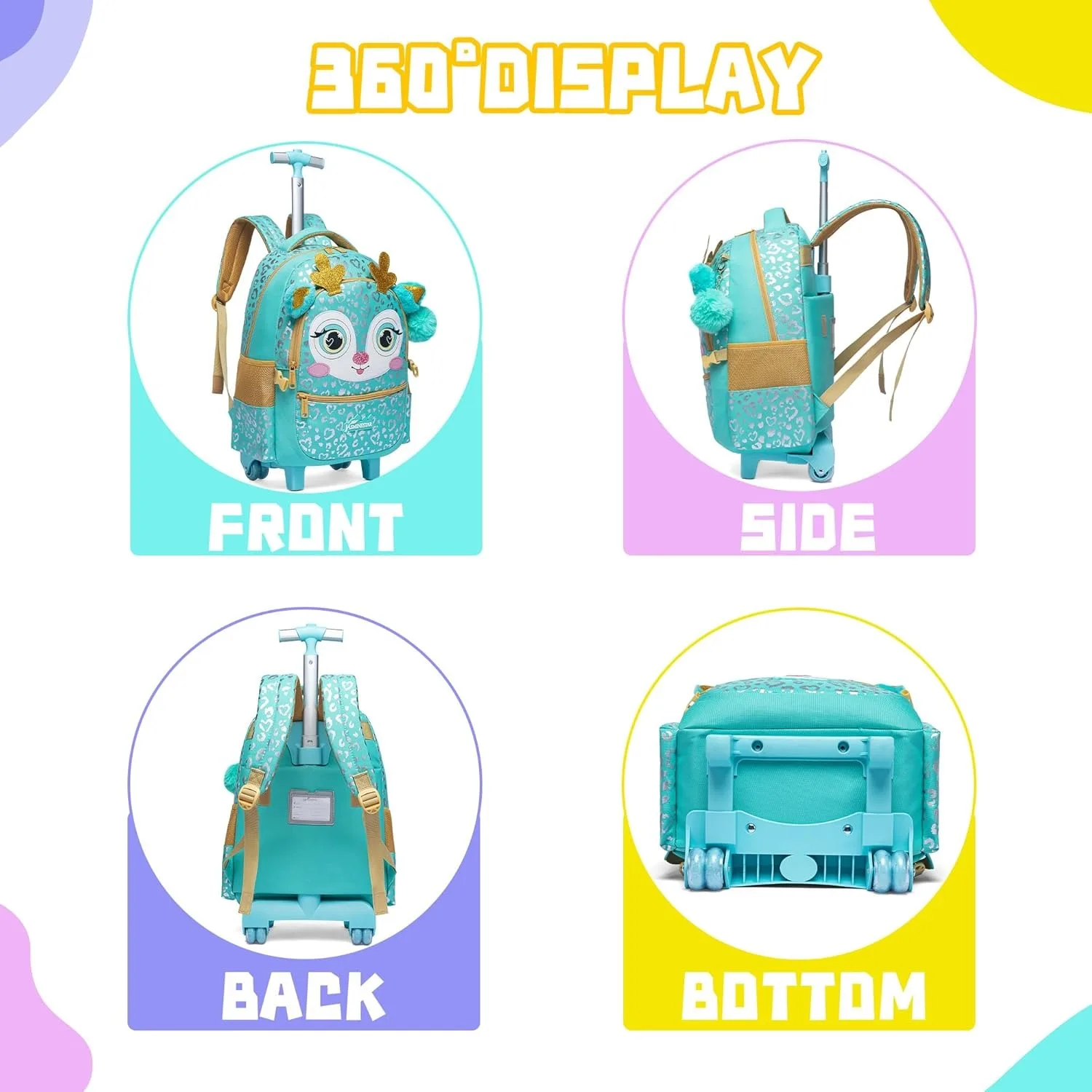 Rollrucksack für Mädchen mit Rädern, Kinderrucksack auf Rollen, Schulranzen-Set mit isolierter Lunchbox, Kinderreisetasche – Detail 3