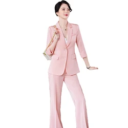 Pink Women Business Suits with Pants Skirts and Tops Half Sleeve Summer Spring Office Work Wear Pantsuits Blazers Trousers Set