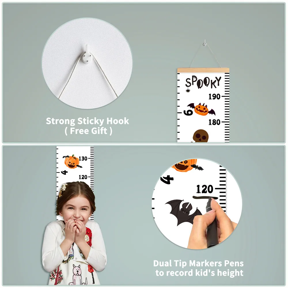 Halloween Decor Baby Growth Chart Cartoon Pumpkin Ghost Bat Prints Height Measuring Ruler for Children Bedroom Living Room Deco