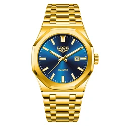 Elegant Gold Quartz Women's Watch - Luminous, Waterproof, Date Display, and Steel Chronograph Design (Gold blue)