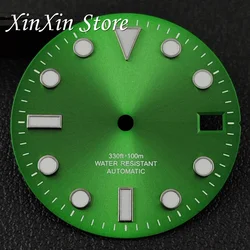 Sunburst Luminous Watch Dial with Hands - 28.5mm Dial Face for Automatic Movements, Single Calendar (Green Silver Dial)