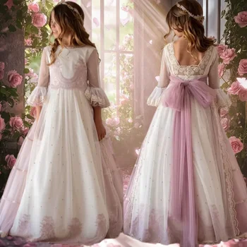 Elegant Idyllic First Communion Gowns Flower Girl Dress Chiffon Skirt Lace Appliques for Kids Wedding Birthday Party Dresses 1