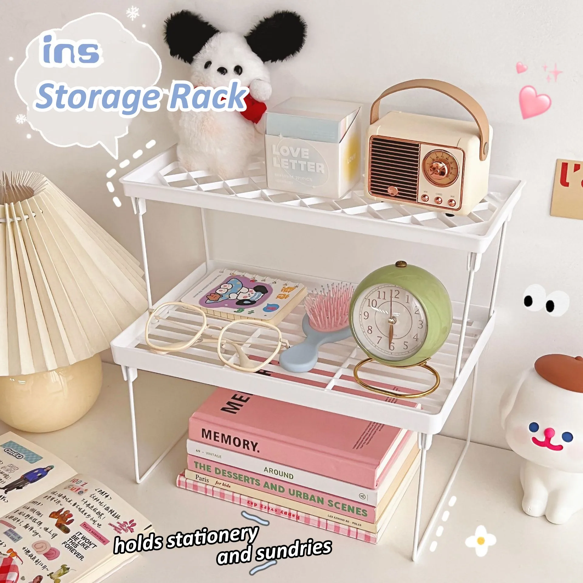 Korean Ins Desktop Folding Storage Rack White Stationery Organizer Student Desk Storage Holder Dormitory Office Cosmetics Shelf