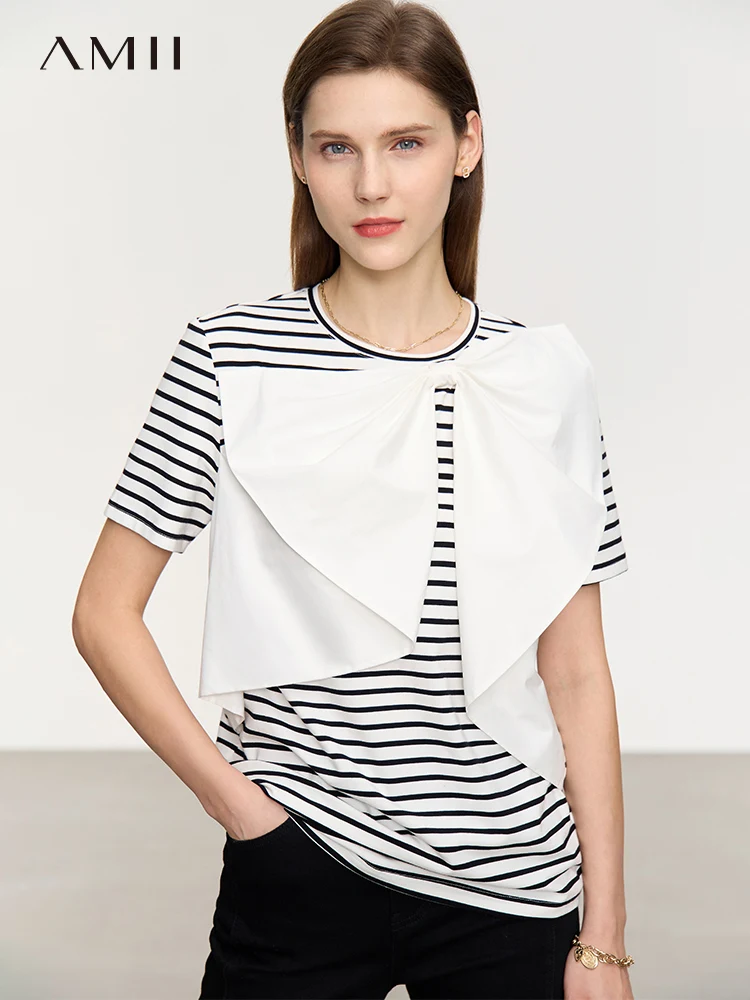 AMII Minimalism 2023 Summer T-Shirts for Women New Sweet Bow O-neck Short Sleeve Striped Loose Casual Female Tees 12352054