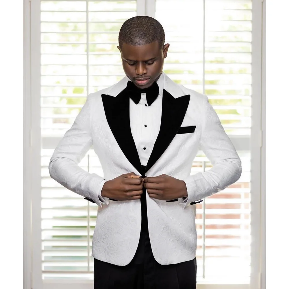 

Wedding Suit For Men White Floral Single Breasted With Black Pants Blazer Sets Wedding Groom Groomsmen Slim Fit 2 Piece Men Suit