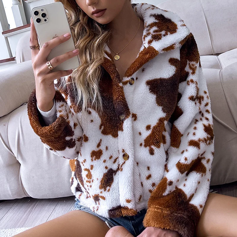 Autumn and Winter  Women's Street Style New Lapel Printed Double-sided Fleece Casual Slim Long-sleeved Ladies Plush Jacket