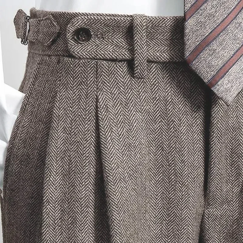 Fashion Naples Suit Pants Men England Style High Waist Business Straight Slim Trouser Autumn Winter Woolen Vintage Gurkha Pant 2
