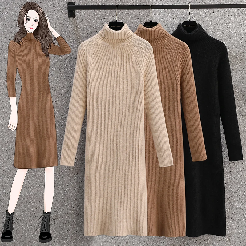 

Autumn and Winter Wear Thickened Loose Knitted High Neck Mid length Large Fat MM Woolen Dress Over Knee M-4XL 100kg
