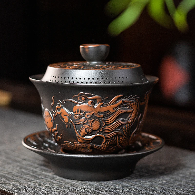 Dragon Purple Pottery Vintage Gaiwan Ceramic Jump Knife Process Tea Tureen Pigmented Kung Fu Drinkware Tea Tureen