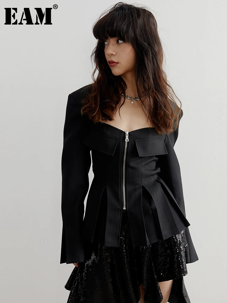 

[EAM] Women Black Lace-up Sexy Blazer New Square Collar Long Sleeve Loose Fit Jacket Fashion Tide Spring Autumn 2024 1DF6132