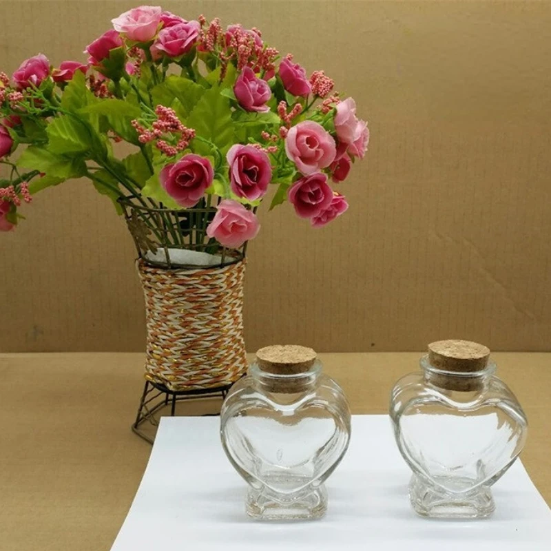 80ml Handmade Candy Bottle Heart-shaped Glass Cork Bottles Soft Rainbow Empty Clear Container Crafts Ornaments Storage
