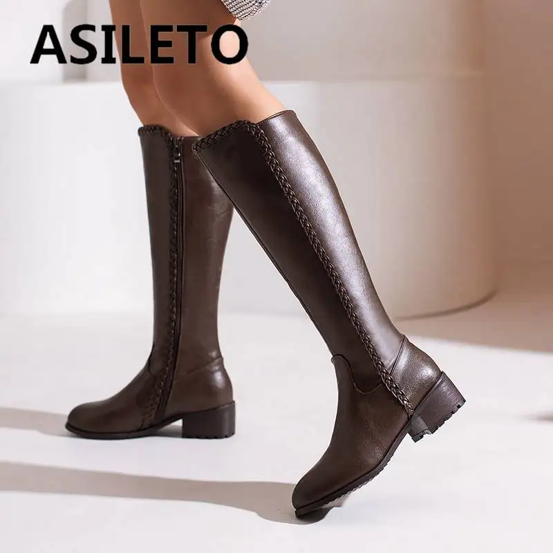 

ASILETO женские сапоги до колена 37 см с широкими штанинами и круглым носком на толстом каблуке 4,5 см на молнии в британском стиле брикет 46 47 48 обувь для отдыха