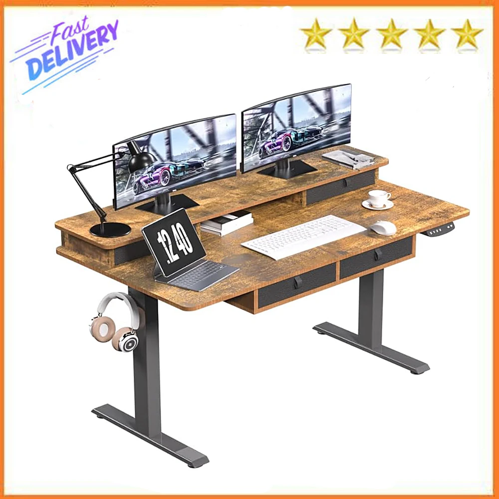 

ExaDesk 55 * 30 Inches Electric Standing Widened Desk Adjustable Height with 4 Drawers, Double Storage Shelves Stand Up Desk