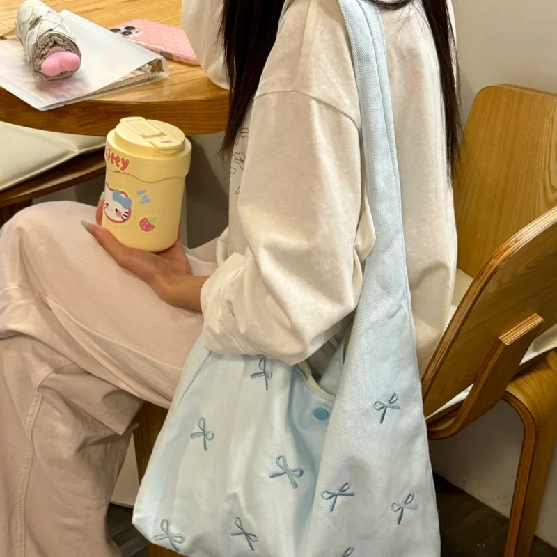 Korean Blue Bow Embroidered Canvas Bag for Women 2025 New Large Capacity Single Shoulder Tote Bag Commuter Underarm Bag