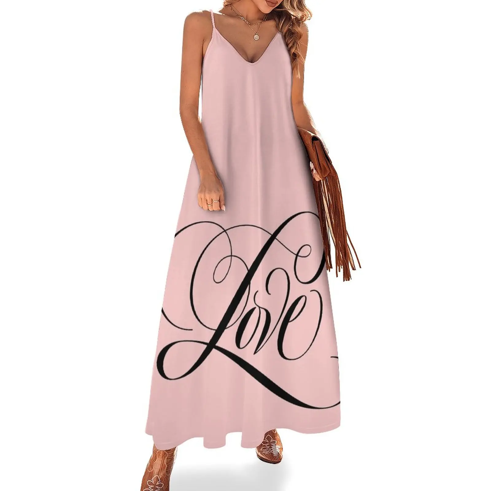 

Romantic Black LOVE Calligraphy Script Lettering Blush Pastel Pink Sleeveless Dress long dresses for women dress
