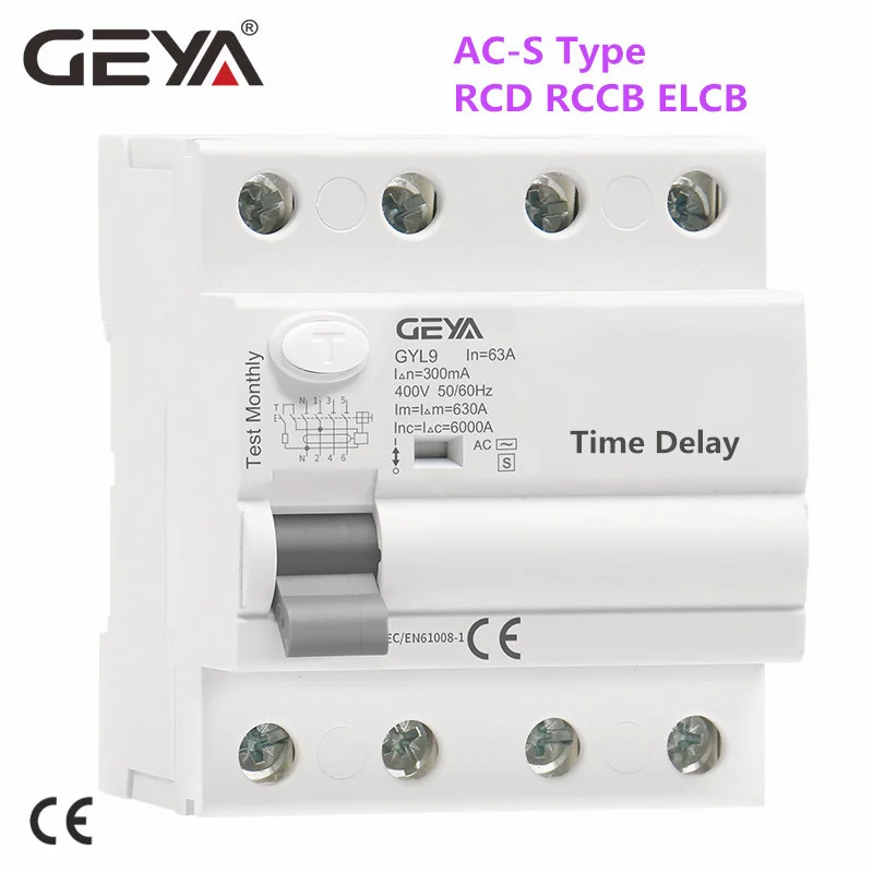 Geya Gyl9 Ac-s tipo Tempo Atrasado Rcd Rccb Elcb tipo de Atraso Interruptor Eletromagnético Fase Mais n 40a 63a