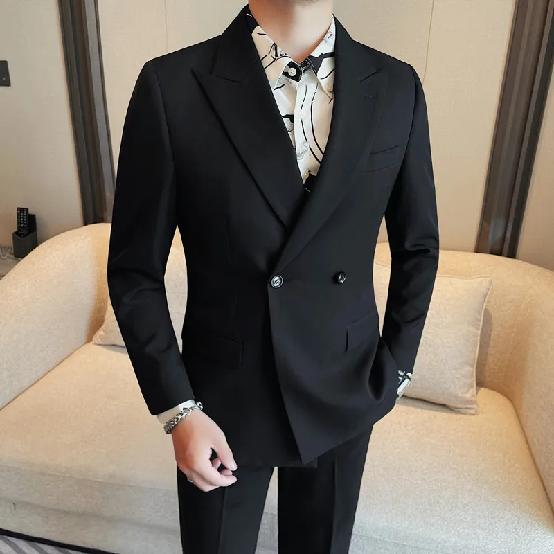 Double Breasted Blazer Jackets For Men High Quality Autumn Winter New Plain Color Suit Coats Slim Fit Business Casual FormalWear