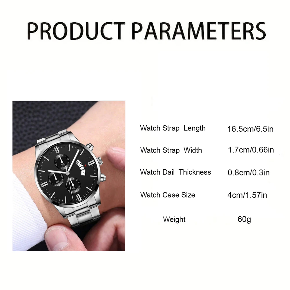 3Pcs Mens Fashion Business Quartz Watch Fashion Three Eye Calendar Men Watch Necklace Bracelet Stainless Steel WristWatch Gift 6