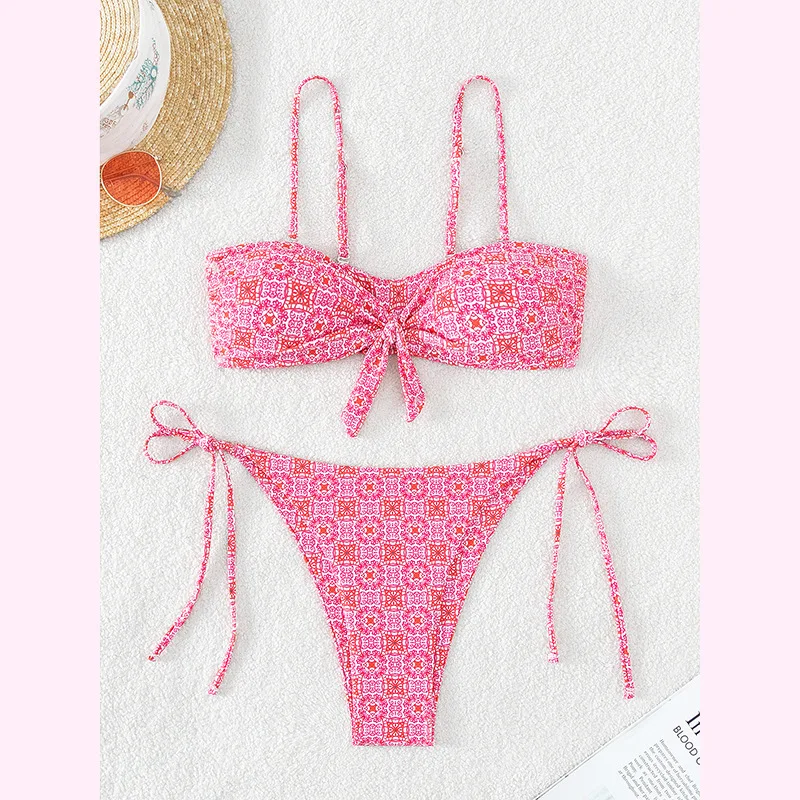 

Sexy Bandeau Bikini String Swimwear 2023 Knotted Printed Swimsuit Women Bathing Suits Two-piece Brazilian Thong Bikinis Set