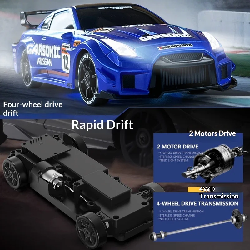 가르소닉 RC GTR 드리프트 레이싱카 2.4G 무선 조종 4륜 구동 2모터 드라이브 무단 변속 LED 라이트 시스템 포함 남아용 어린이용