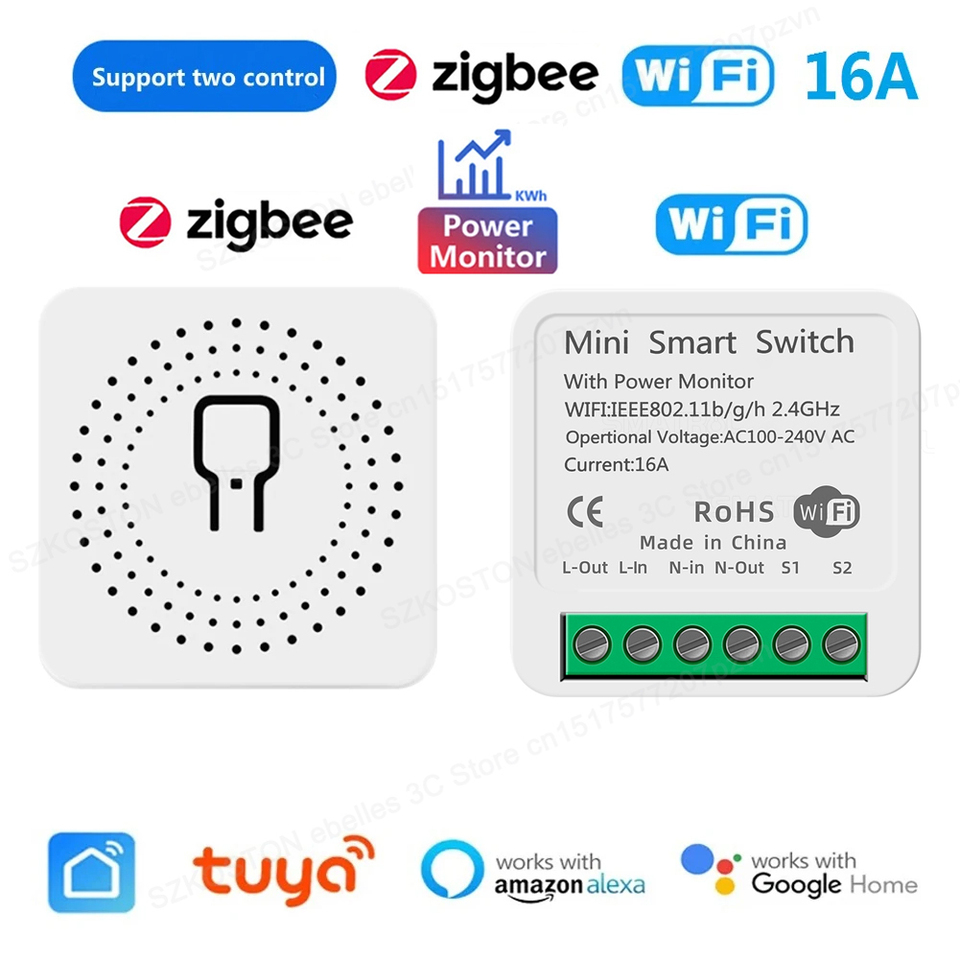 Smart Home Zigbee WiFi Smart Switch with Power Monitor 16A Tuya Light Switch Module DIY Breaker Relay Voice for Alexa Google