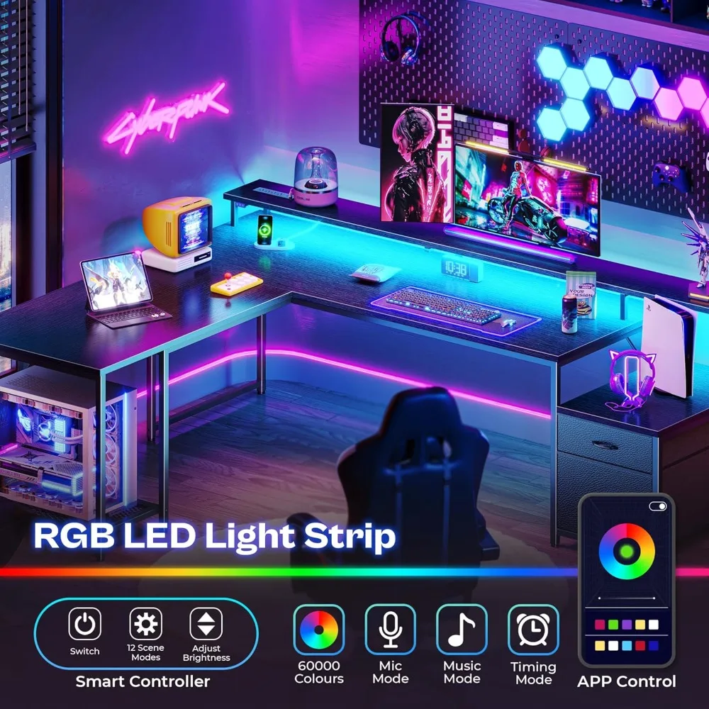 L-Shaped Gaming Desk with LED Lights, Power Outlets, Drawers & Printer Stand - Black