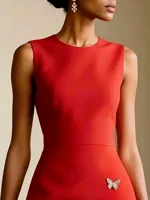 Elegant Slim Fit Knee-Length Sleeveless Dress with Metal Buckle round Neck for Holiday Parties Spring Summer New Arrival - Image 3