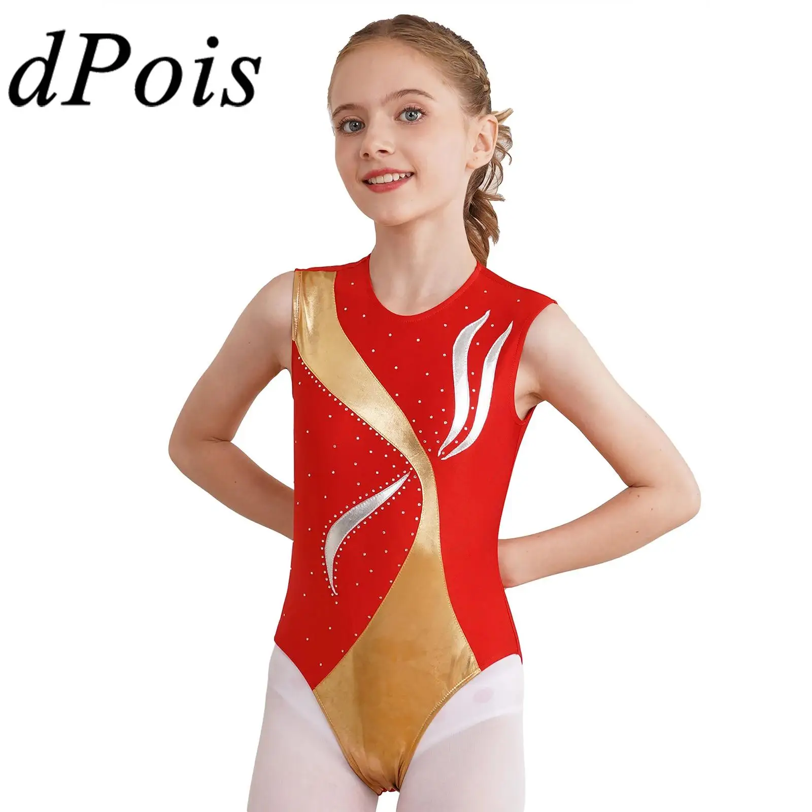 

Kids Girls Ballet Dance Rhythmic Gymnastics Bodysuit Acrobatics Figure Skating Leotard Sleeveless Metallic Patchwork Dancewear