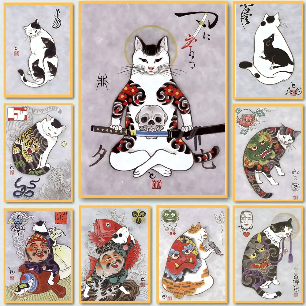 

Japanese Samurai Tattoo Cat Vintage Animal Poster Print Canvas Painting Wall Art Pictures for Club Living Room Home Decoration