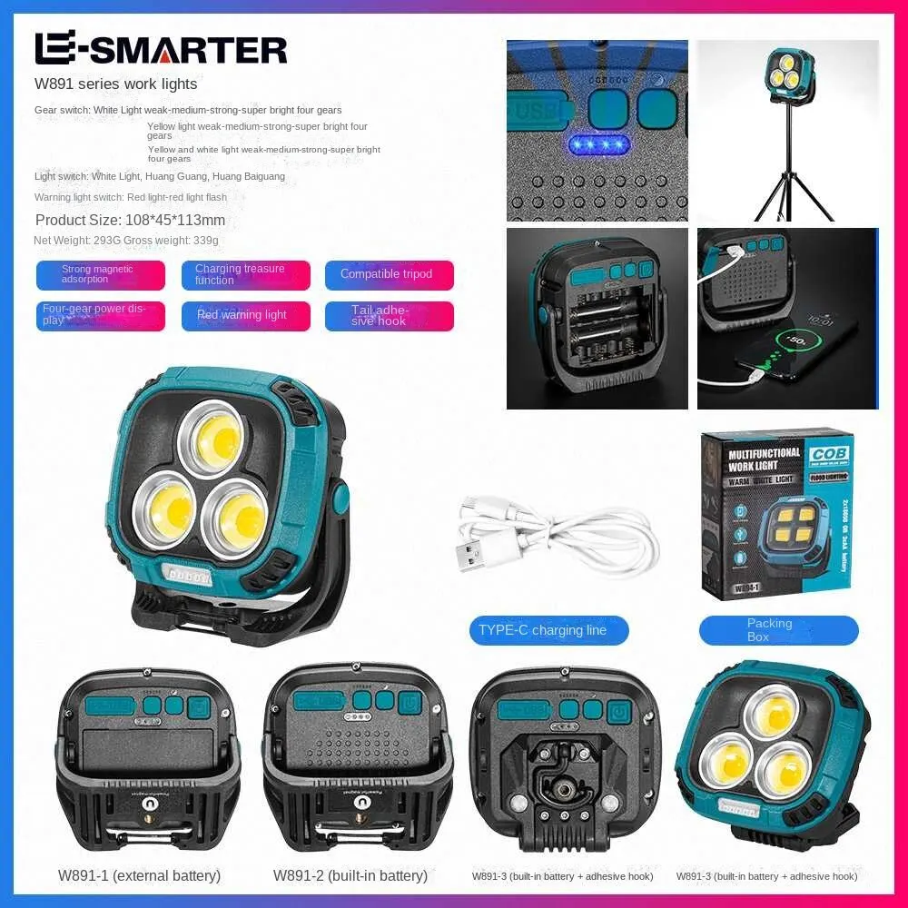 LED Flashlight LED Lights LED Work Light Work Light SUPER BRIGHT MOBILE WORK STRONG FLASHLIGHT 1800LM MULTI COLOR TEMPERATURE USB OUTPUT POWER BANK FUNCTION OUTDOOR 200W