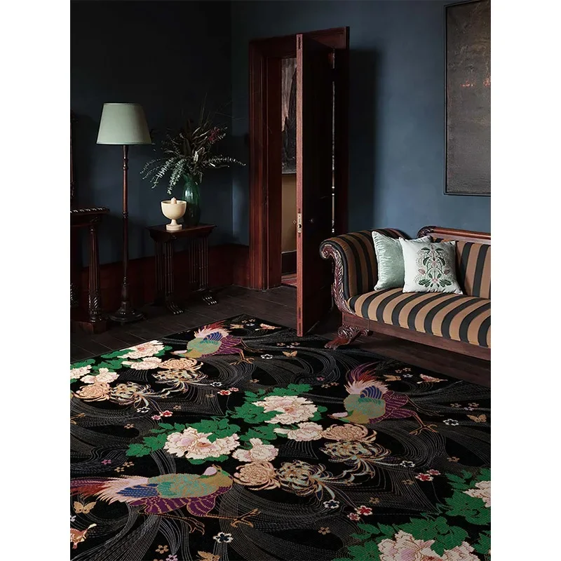 Light Luxury Living Room Carpet Black Flower Bird Retro High-end Bedroom Rug Fashionable Large Area Coffee Table Floor Mat Ковер