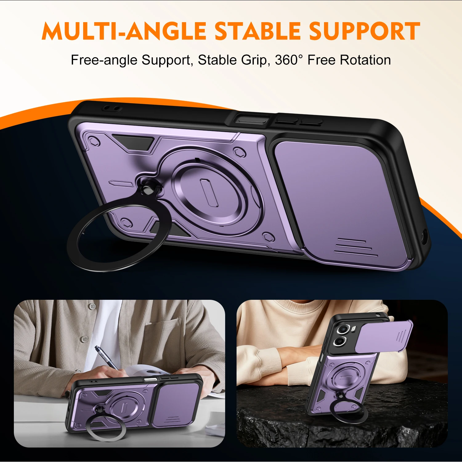 Rugged Armor Shockproof Phone Case with Slide Camera Lens Protection and Ring Stand