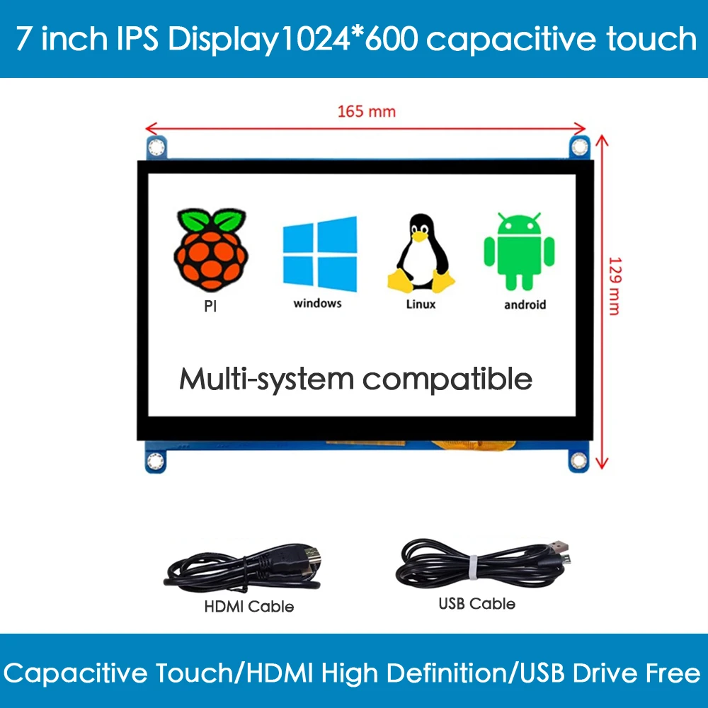 

7-дюймовый IPS-экран, дисплей 1024*600, монитор Raspberry Pi, ПК, вторичный экран, емкостная сенсорная сборка, HDMI, VGA, USB, без драйвера