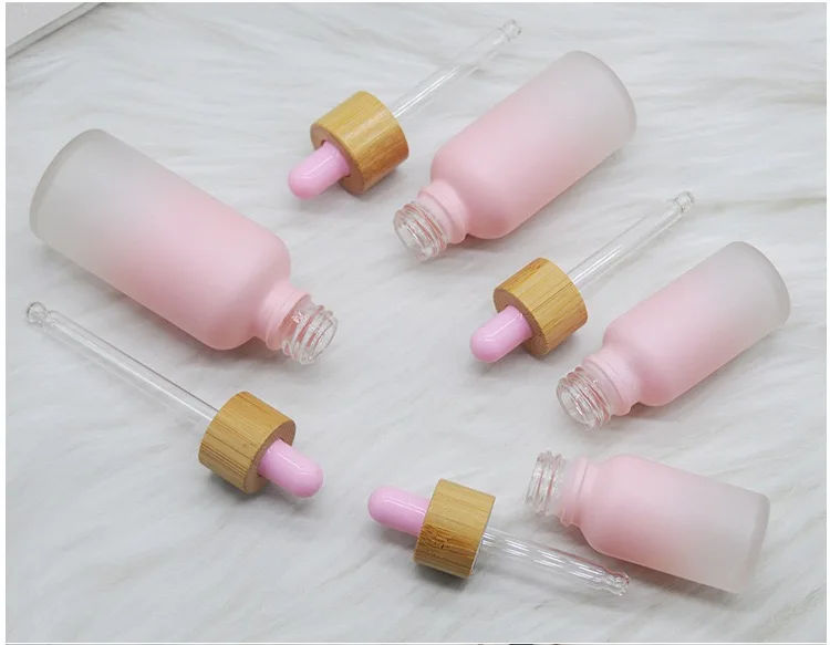 5X 5-100ml Frosted Gradient Pink Bamboo Cap Glass Dropper Bottles Essential Oil Perfume Refillable Bottles Glass Pipettes Vial 6