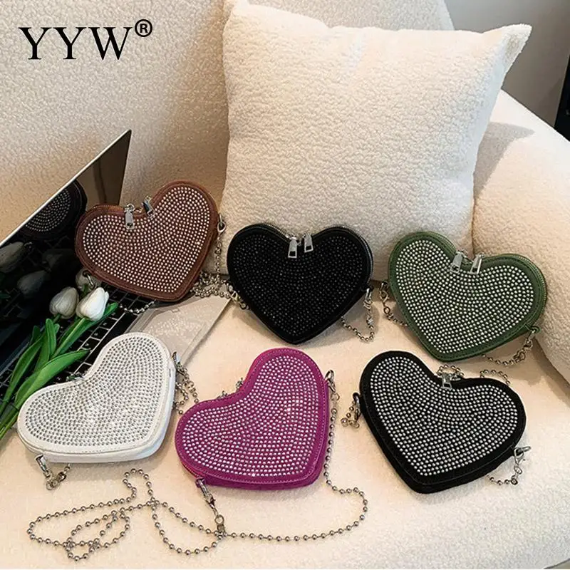 Pink Glitter Heart Shaped Crossbody Chain Bag Cute Clutch Purses