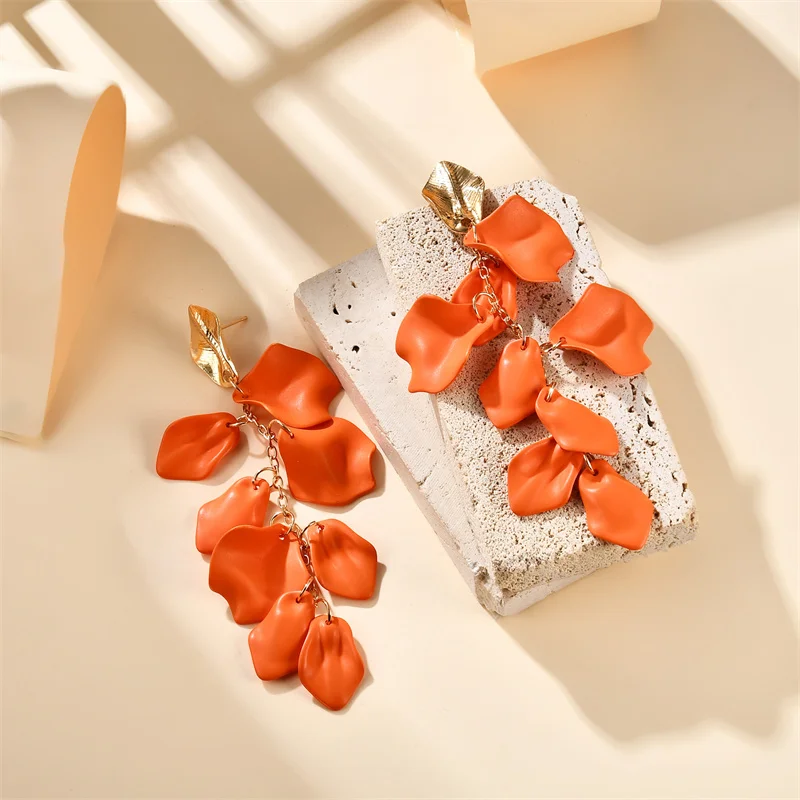 Gold Metal Leaf Acrylic Petal Tassel Earrings - Bold Floral Statement in Rose, Pink, and Orange