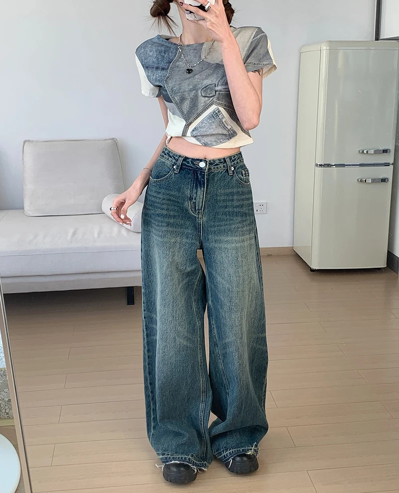 

Джинсы женские с широкими штанинами, винтажные брюки из денима с завышенной талией, свободные прямые штаны из денима, уличная одежда, весна-лето