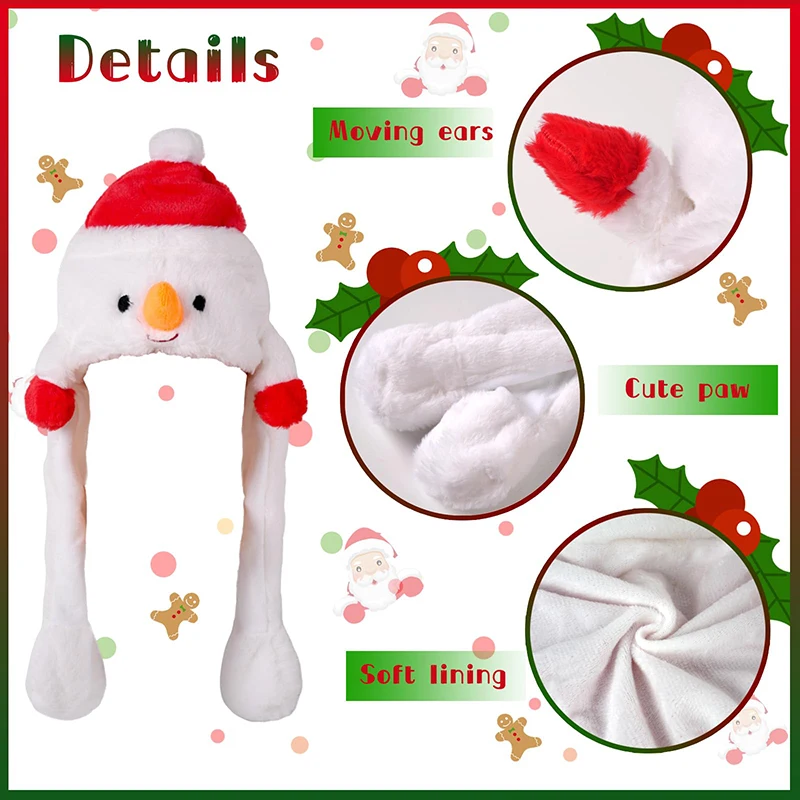 Snowman LED Light Ear Moving Hat for Christmas Cute Plush Hat with Glowing Luminous Cosplay Jumping up Moving Ears Cap for Kids plush hat toys