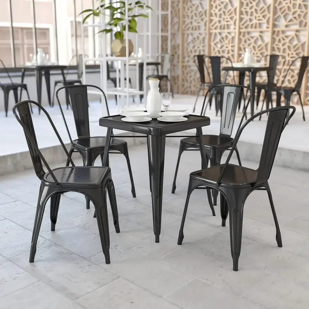 Commercial Grade Square Metal Dining Table Set with Stackable Chairs Indoor Outdoor Use Weather Resistant Heavy Duty Galvanized 3